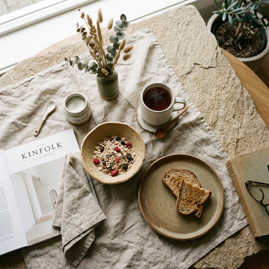Editorial flat-lay of handcrafted ceramic bowls and plates on linen